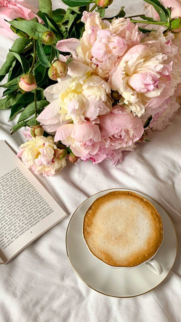 Coffee, book, peonies  and a podcast!